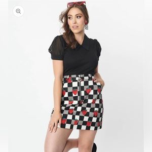 Hell Bunny black and white check and strawberry denim mini skirt